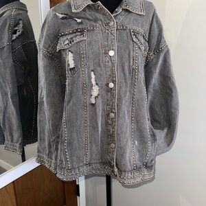 Glitz Distressed Gray Jean Jacket with Studded Details